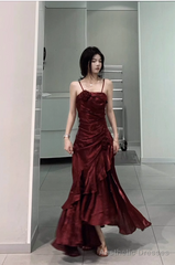 Chic High Low Spaghetti Straps Burgundy Long Birthday Dresses Birthday Outfits