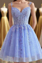 Straps Periwinkle Lace Appliques A-line Short Dresses