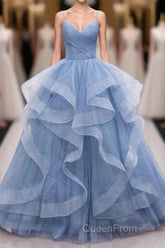 Shiny Blue Tulle A-Line Spaghetti Straps Long Evening Prom Dresses