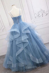 Shiny Blue Tulle A-Line Spaghetti Straps Long Evening Prom Dresses
