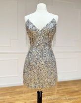 Silver V-Neck Glitter Sequin Homecoming Dress With Tassel