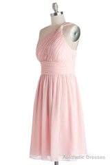 Simple A-Line One Shoulder Short Pink Chiffon Bridesmaid Dress