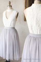 Two Piece Short White and Grey Bridesmaid Dress