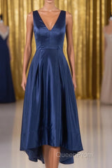 A Line Formal Satin V Neck High-Low Evening Prom Dresses