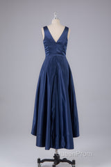 A Line Formal Satin V Neck High-Low Evening Prom Dresses