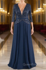 Navy V-Neck Long Sleeves Lace Appliques Chiffon Evening Prom Dresses