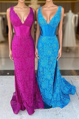 Glitter Navy Mermaid Sweep Train Evening Prom Dresses With Slit