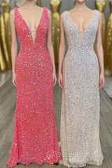 V neck Sequin Mermaid Long Evening Prom Dresses