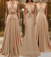 Elegant A-Line Sexy V Neck Gold Long Modest Side-Slit Bridesmaid Dresses