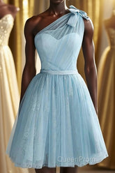 One Shoulder Blue Homecoming Dresses With Bowknot