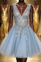 Blue V Neck Homecoming Dresses With Beadings