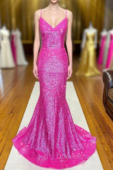 Fuchsia Mermaid Backless Sequined Evening Prom Dresses