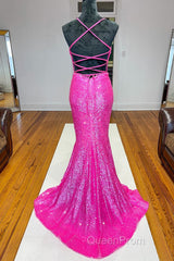 Fuchsia Mermaid Backless Sequined Evening Prom Dresses