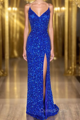 Mermaid Spaghetti Straps Royal Blue Sequins Long Evening Prom Dresses