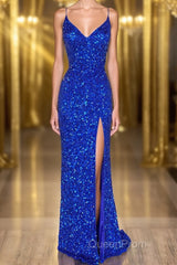 Mermaid Spaghetti Straps Royal Blue Sequins Long Evening Prom Dresses