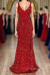 Sheath Spaghetti Straps Red Sequins Evening Prom Dresses with Split Front