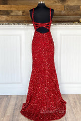 Sheath Spaghetti Straps Red Sequins Evening Prom Dresses with Split Front