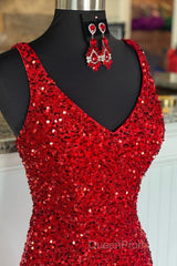 Sheath Spaghetti Straps Red Sequins Evening Prom Dresses with Split Front
