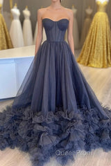 Black Corset Sweetheart Long Evening Prom Dresses with Ruffles