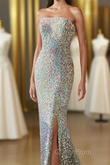 Silver Strapless Lace-Up Sequins Long Evening Prom Dresses with Slit