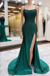 Mermaid Spaghettti Straps Dark Green Sequins Long Evening Prom Dresses with Split Front