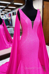 Hot Pink Mermaid Evening Prom Dresses With Wateau Train