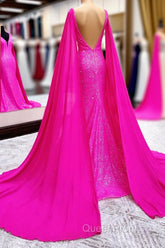 Hot Pink Mermaid Evening Prom Dresses With Wateau Train