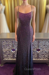Dark Purple Lace-Up Back Mermaid Evening Prom Dresses with Beading