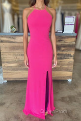 Sheath Halter Hot Pink Long Evening Prom Dresses with Silt