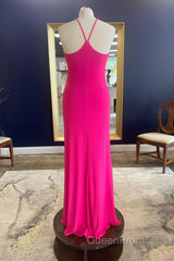 Sheath Halter Hot Pink Long Evening Prom Dresses with Silt