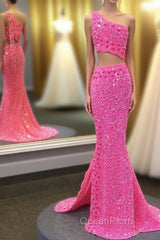Hot Pink One Shoulder Sequins Evening Prom Dresses with Slit