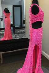 Hot Pink One Shoulder Sequins Evening Prom Dresses with Slit