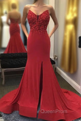 Beaded Red Mermaid Evening Prom Dresses with Appliques