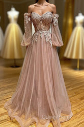 Blush Corset Off the Shoulder Long Evening Prom Dresses with Appliques