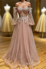 Blush Corset Off the Shoulder Long Evening Prom Dresses with Appliques