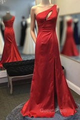 Mermaid One Shoulder Red Long Evening Prom Dresses with Keyhole