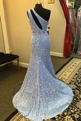 Light Blue One Shoulder Cut-Out Mermaid Long Evening Prom Dresses with Fringes