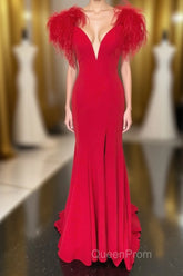 Red Mermaid Long Evening Prom Dresses with Feathers