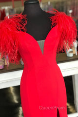Red Mermaid Long Evening Prom Dresses with Feathers