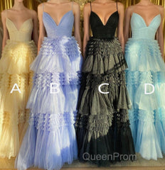 Sparkly Spaghetti Straps Tiered Tulle Evening Prom Dresses, New Long Party Gown