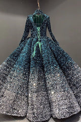 Glitter High Neck Open Back Lace Up Ball Gown Evening Prom Dresses