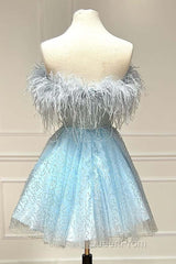 Light Blue A-Line Strapless Homecoming Dresses with Feathers
