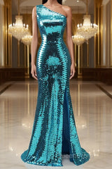 Sparkly Blue Sequins One Shoulder Long Evening Prom Dresses with Slit
