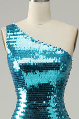 Sparkly Blue Sequins One Shoulder Long Evening Prom Dresses with Slit