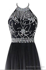 Classy Black And White Halter Lace Up Long Beaded Prom Dress