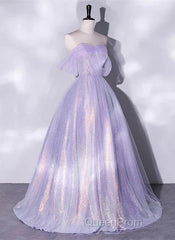 A Charming Sequin Lavender A-Line Sheer Strapless Dance Dresses, Lavender Princess Off The Shoulder Sleeveless Sheer Evening Dresses