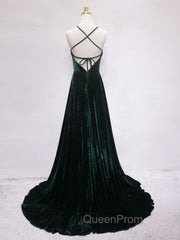 A-Line Backless Green Velvet Long Evening Prom Dresses, Green Evening Dresses