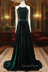 A-Line Backless Green Velvet Long Evening Prom Dresses, Green Evening Dresses
