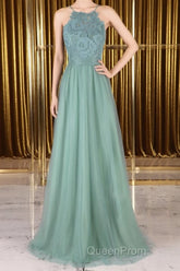 A Line Backless Lace Green Long Evening Prom Dresses, Backless Green Lace Formal Graduation Evening Dresses