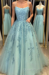 A Line Backless Lace Long Sky Blue Evening Prom Dresses, Backless Sky Blue Lace Formal Dresses, Sky Blue Evening Dresses